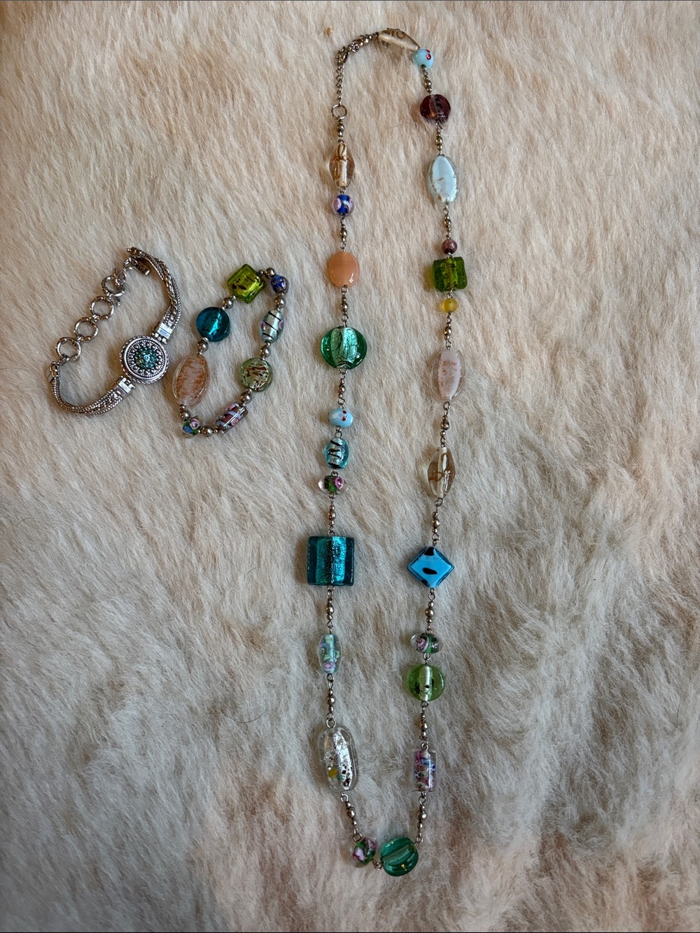 Multicolor Glass Bead Long Necklace and Bracelet Set - Women Jewelry